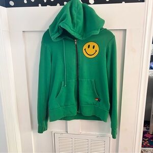 Aviator Nation Green Zip Hoodie with Yellow Smiley Patch